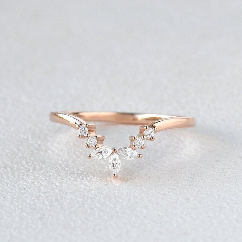 Marquise Shaped Curved Moissanite Gold Wedding Band.