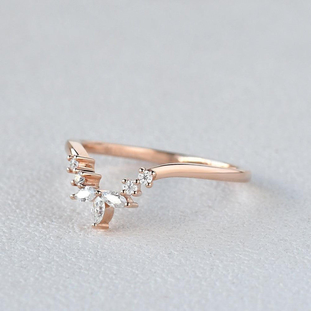 Marquise Shaped Curved Moissanite Gold Wedding Band.