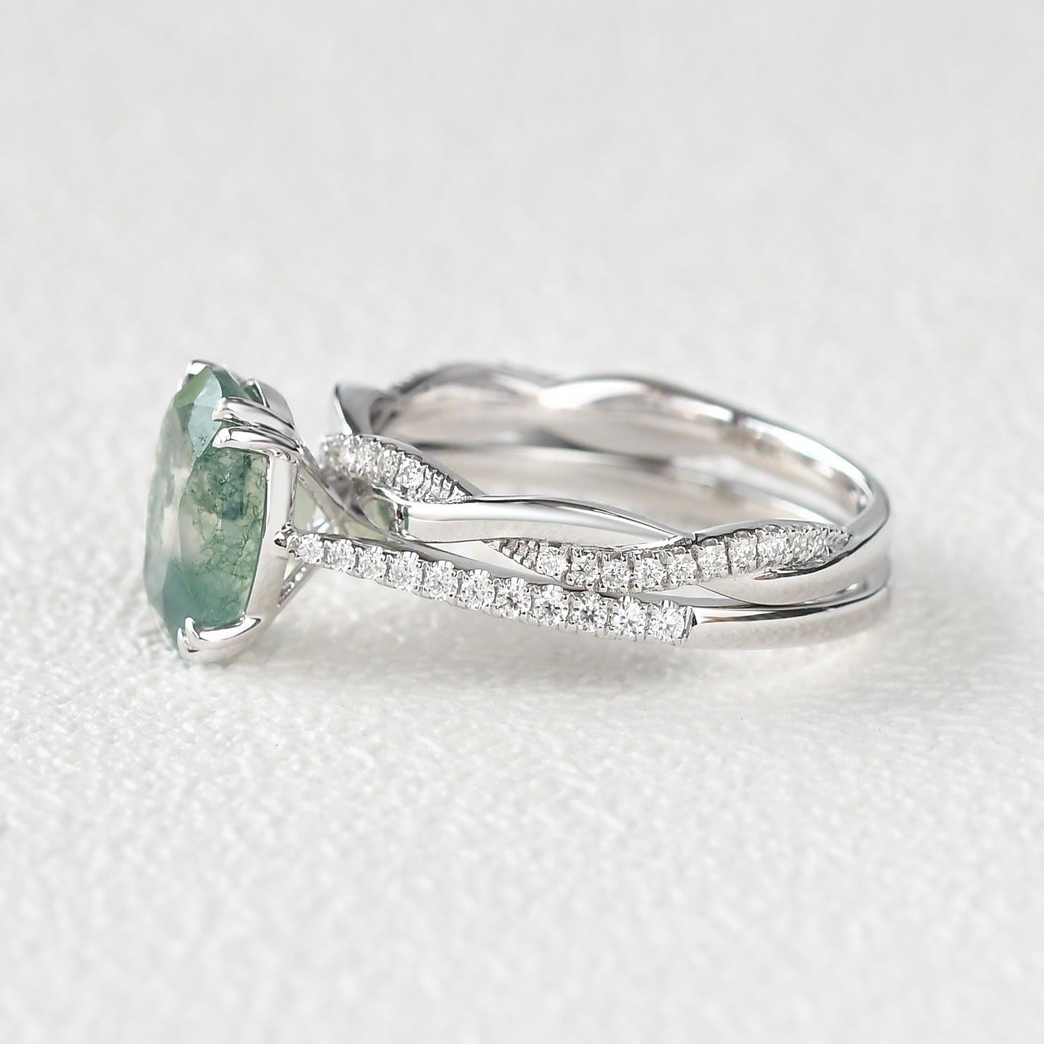 Ariadne’s Merge | 2CT Oval Moss Agate Bridal Set 2pcs.