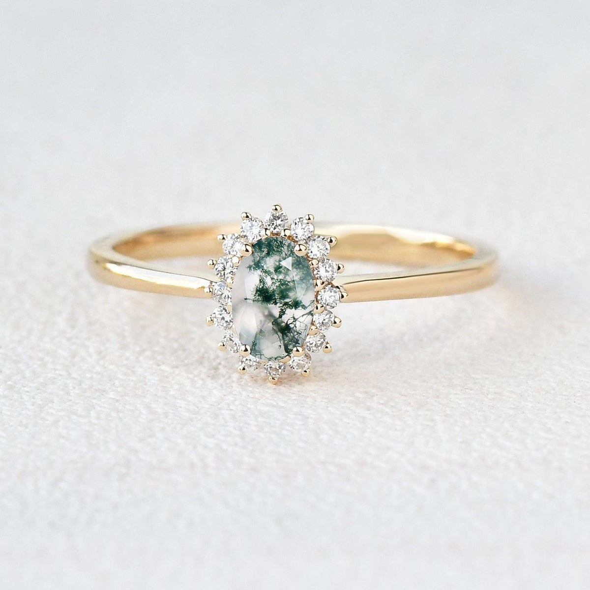 Lewis Grove | Oval Moss Agate & Moissanite Engagement Ring.