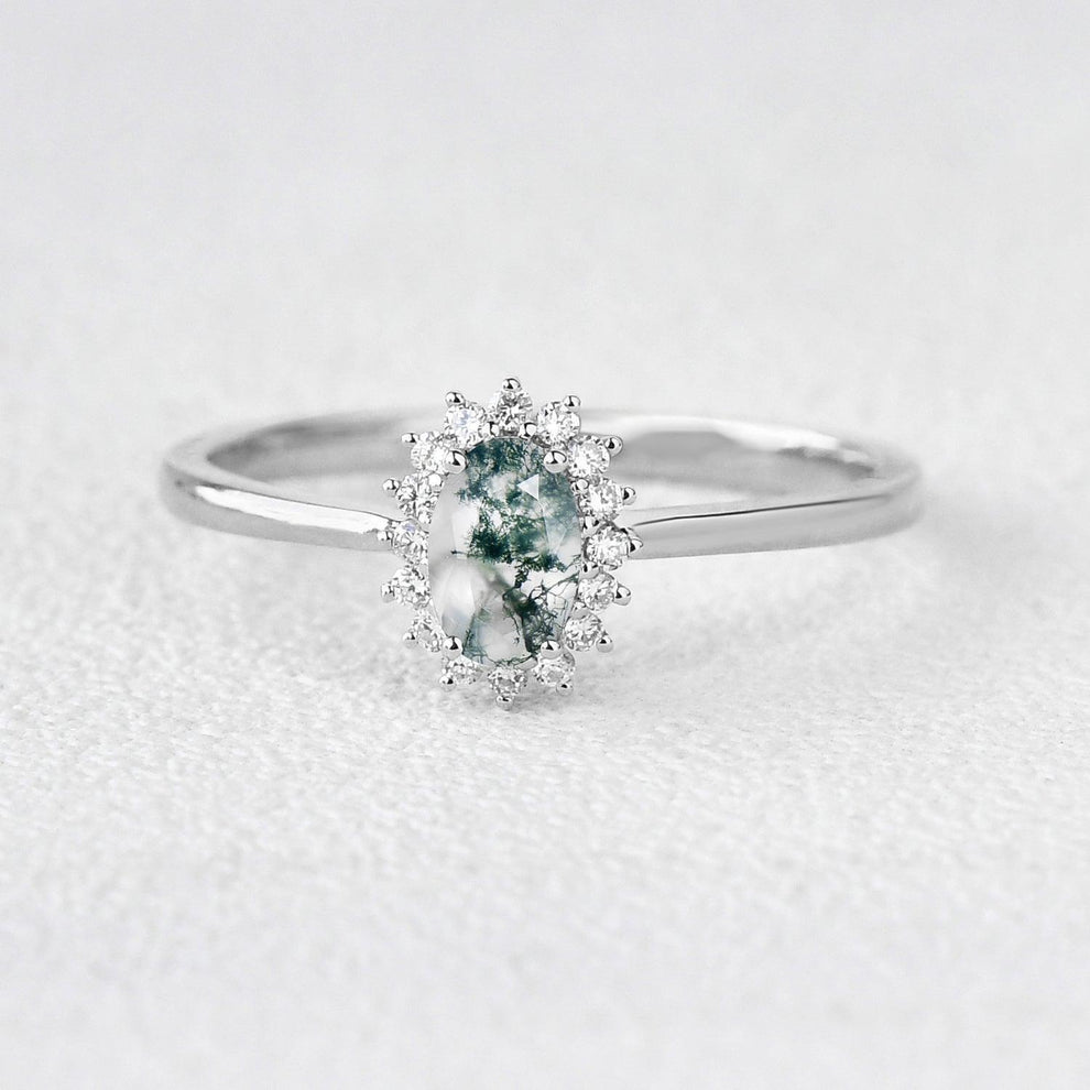 Lewis Grove | Oval Moss Agate & Moissanite Engagement Ring.