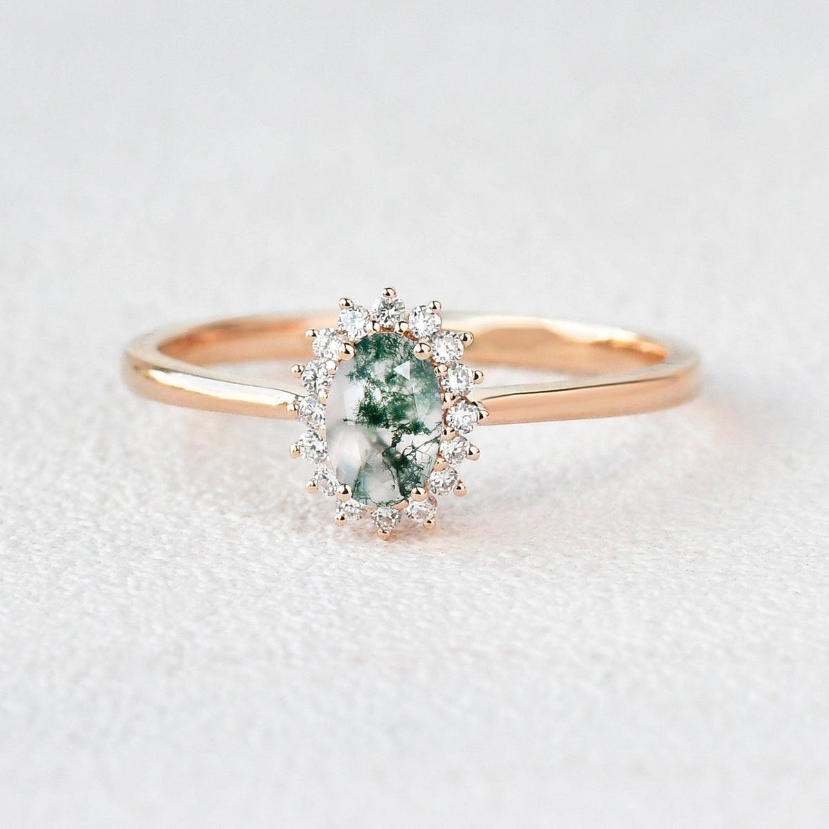 Lewis Grove | Oval Moss Agate & Moissanite Engagement Ring.