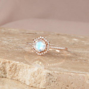 Vintage Hexagon Moonstone & Moissantie Halo Ring.