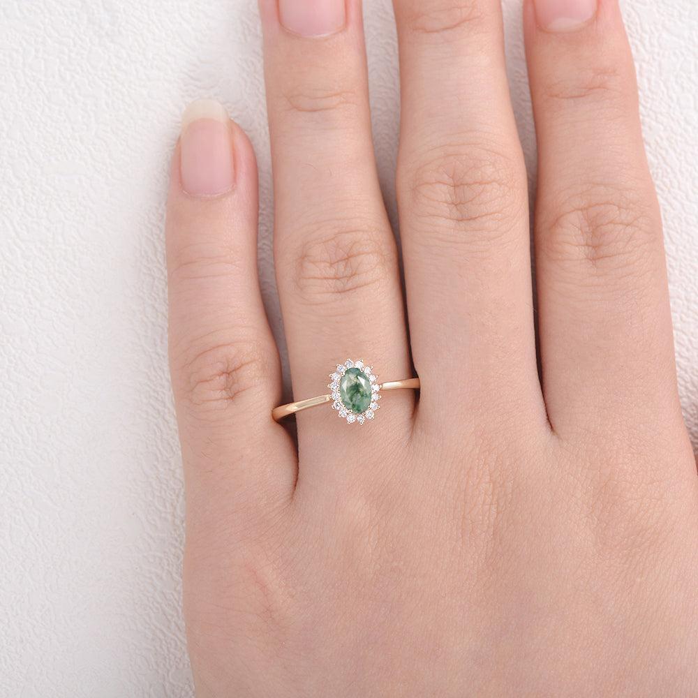 Lewis Grove | Oval Moss Agate & Moissanite Engagement Ring.