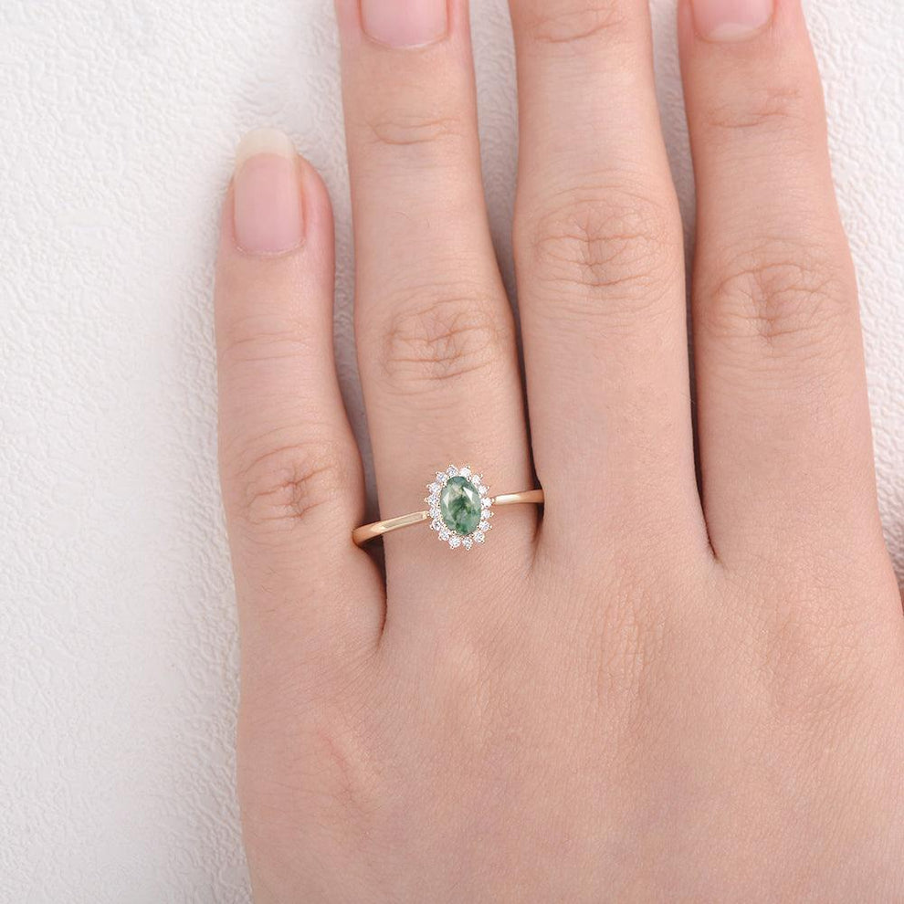 Lewis Grove | Oval Moss Agate & Moissanite Engagement Ring.