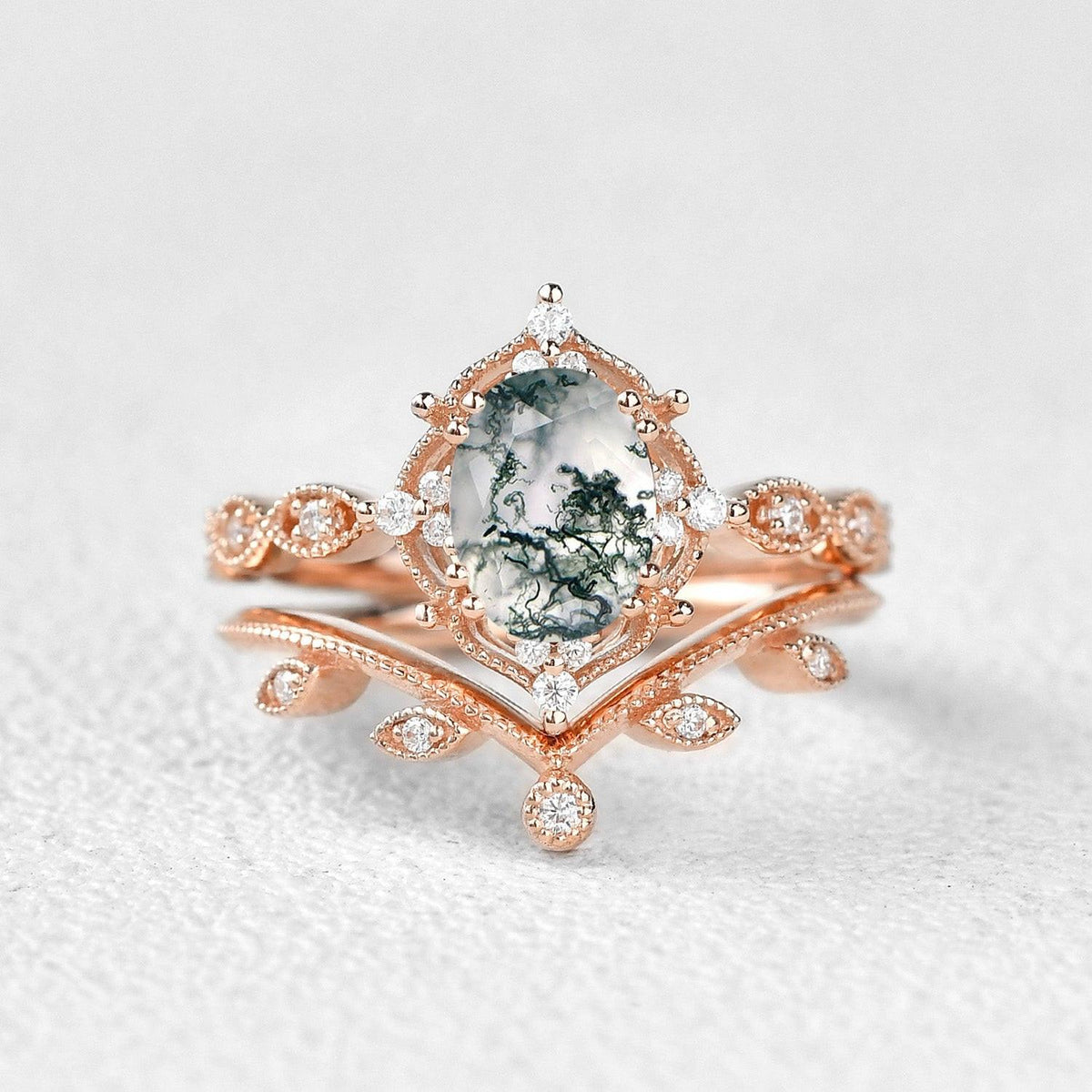 Oval Cut Moss Agate Gold Ring Set 2pcs.