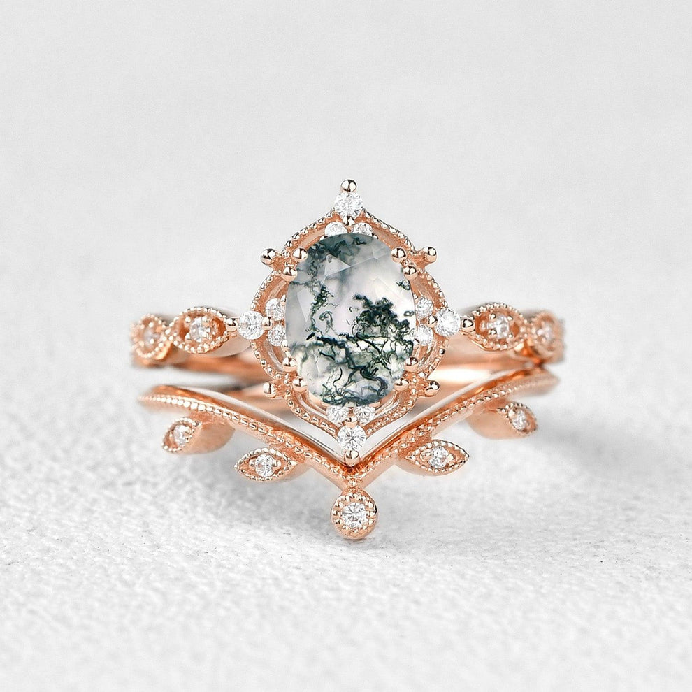 Oval Cut Moss Agate Gold Ring Set 2pcs.