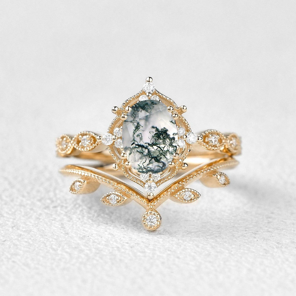 Oval Cut Moss Agate Gold Ring Set 2pcs.
