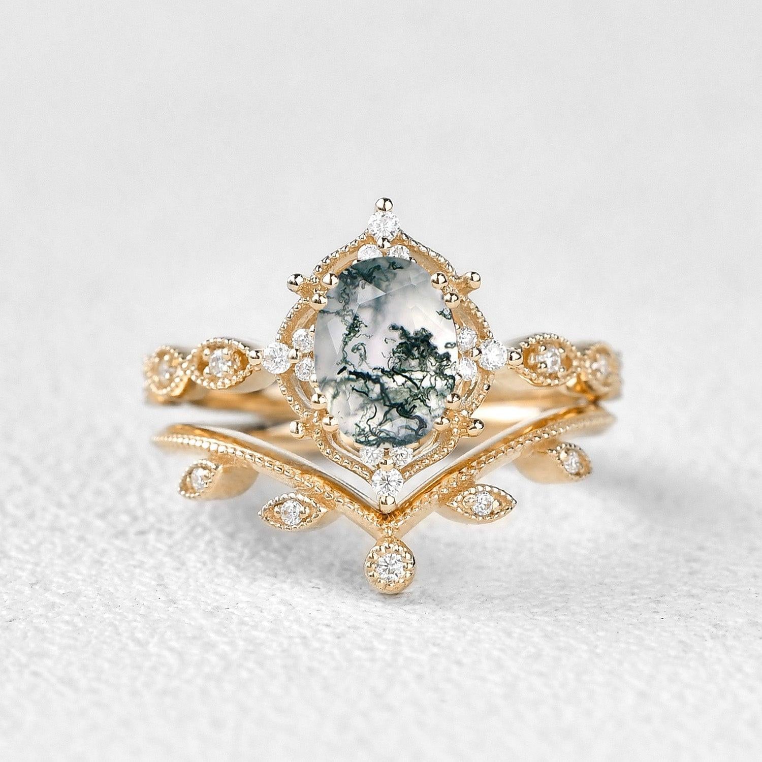 Oval Cut Moss Agate Gold Ring Set 2pcs.