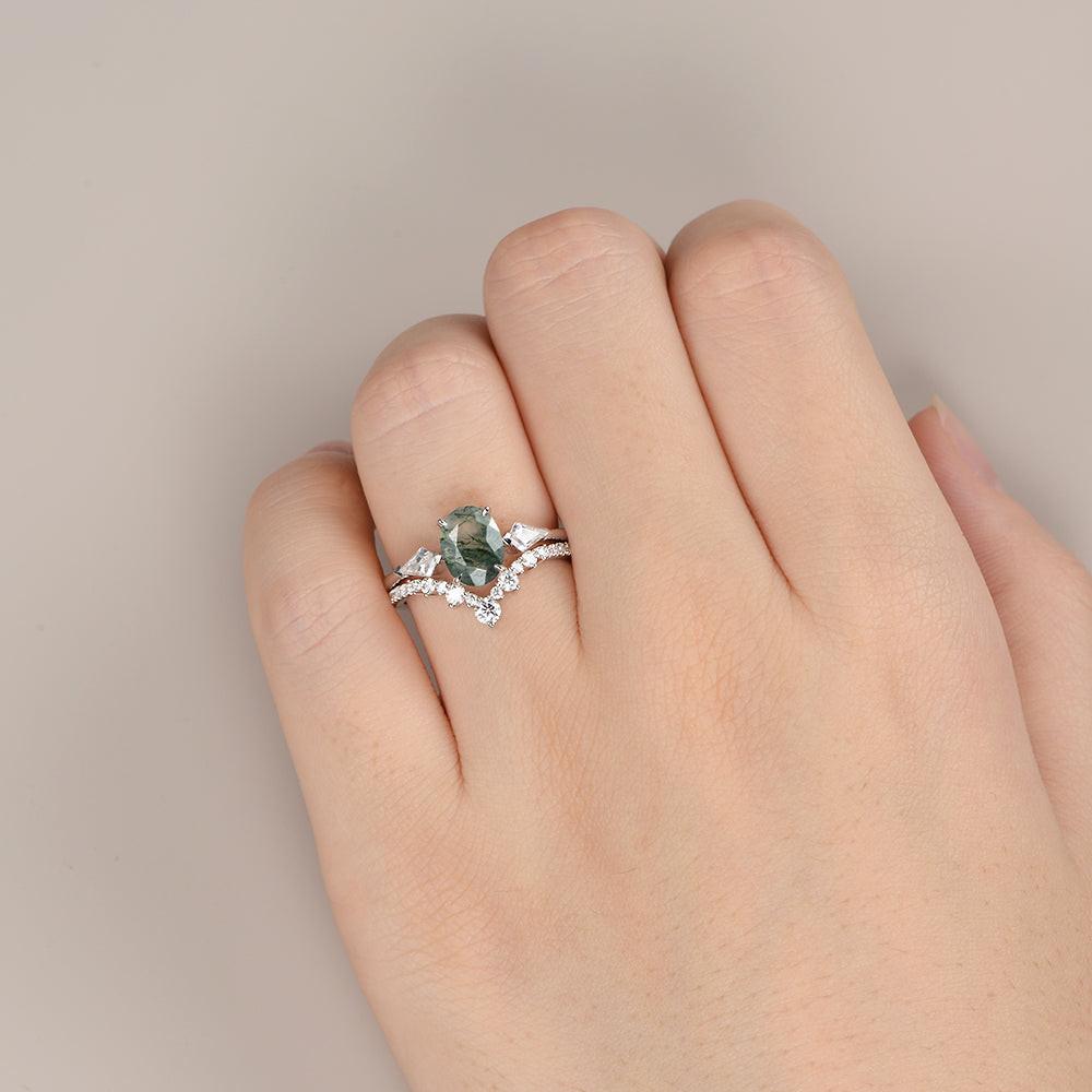 Nyx’s Trinity | Black Gold Oval Moss Agate Three Stone Engagement Ring Set 2pcs.