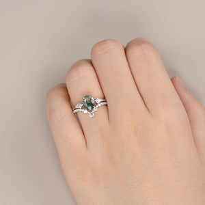 Nyx’s Trinity | Black Gold Oval Moss Agate Three Stone Engagement Ring Set 2pcs.