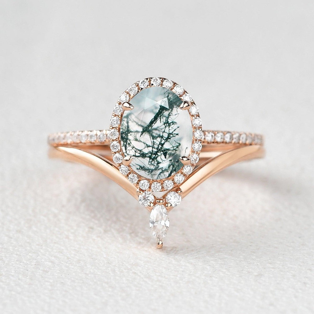 Oval Cut Moss Agate Halo Rose Gold Ring Set 2pcs.