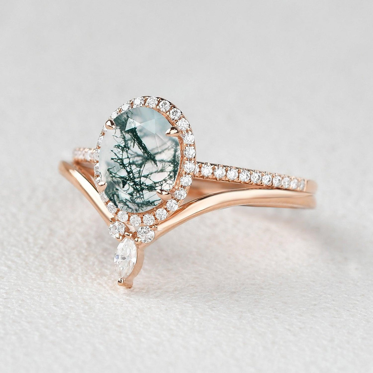 Oval Cut Moss Agate Halo Rose Gold Ring Set 2pcs.
