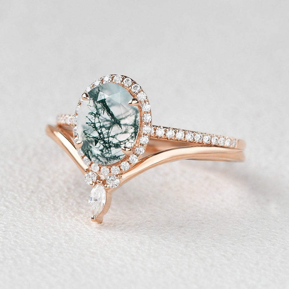 Oval Cut Moss Agate Halo Rose Gold Ring Set 2pcs.