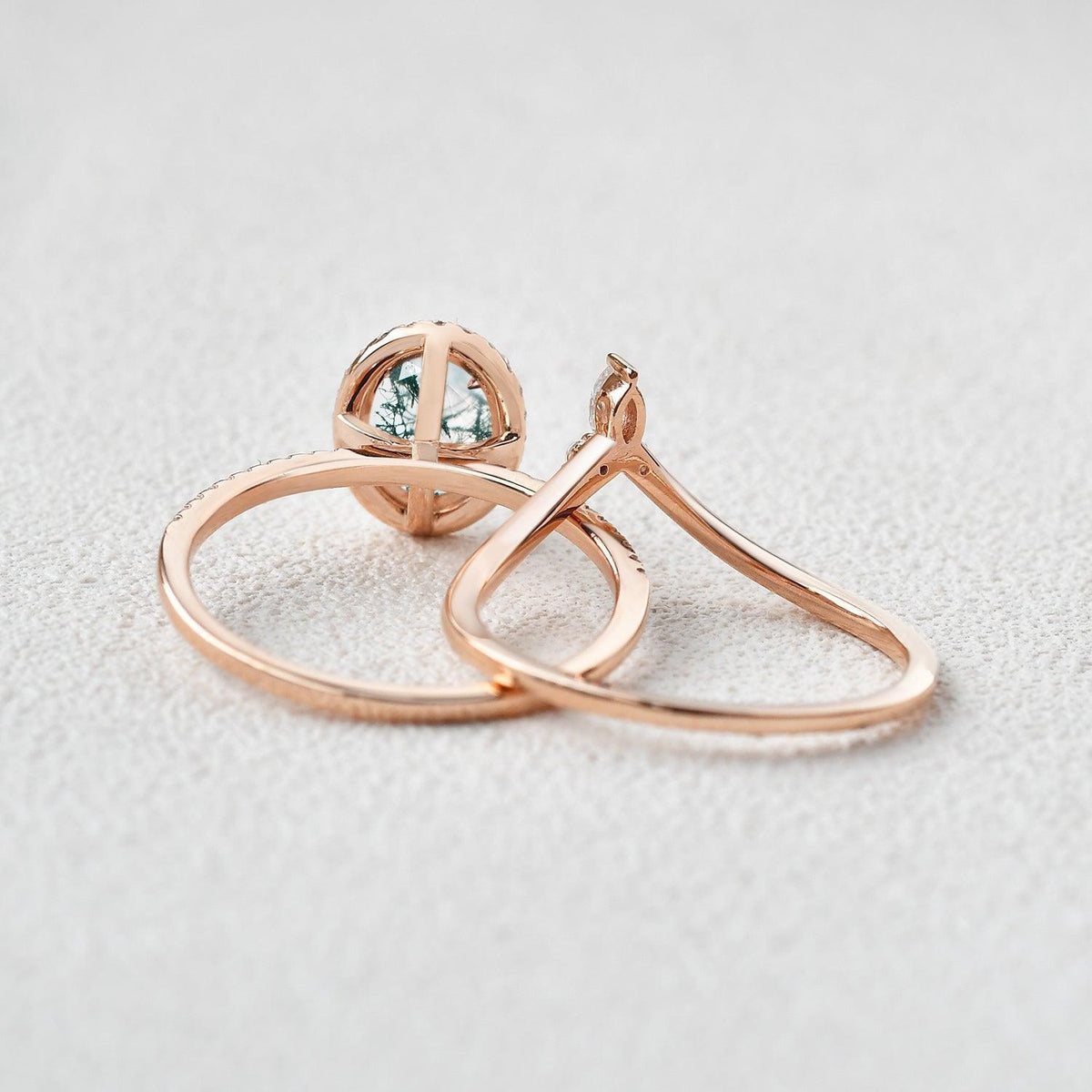 Oval Cut Moss Agate Halo Rose Gold Ring Set 2pcs.