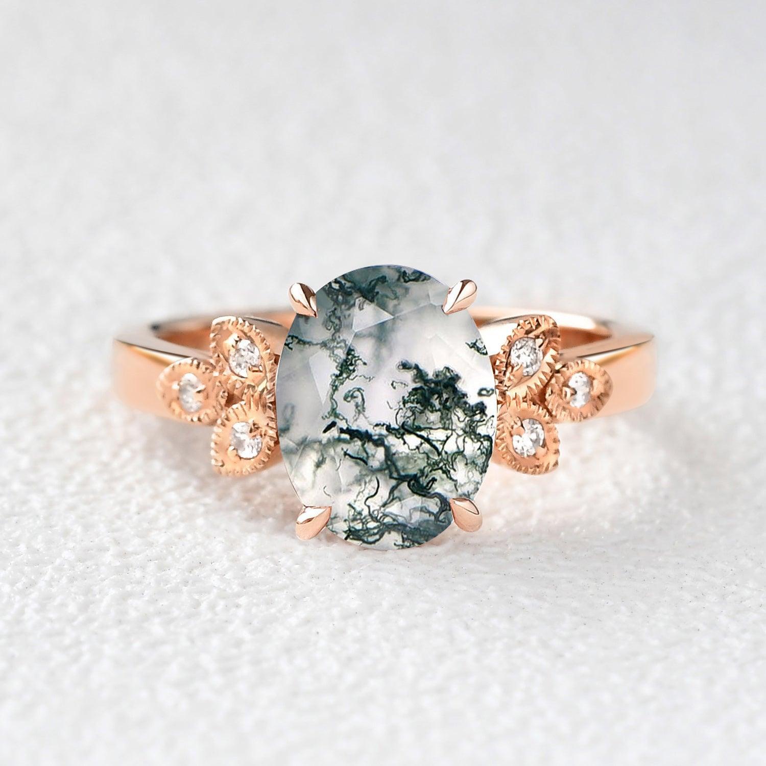 Moss Agate Oval Shaped Wedding Engagement Ring.