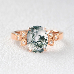 Moss Agate Oval Shaped Wedding Engagement Ring.