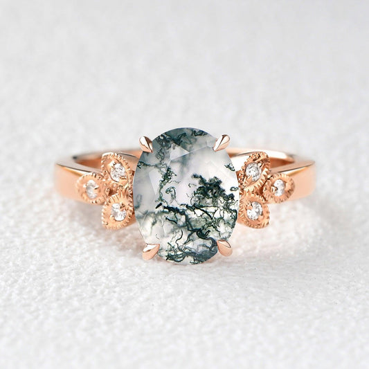 Moss Agate Oval Shaped Wedding Engagement Ring.