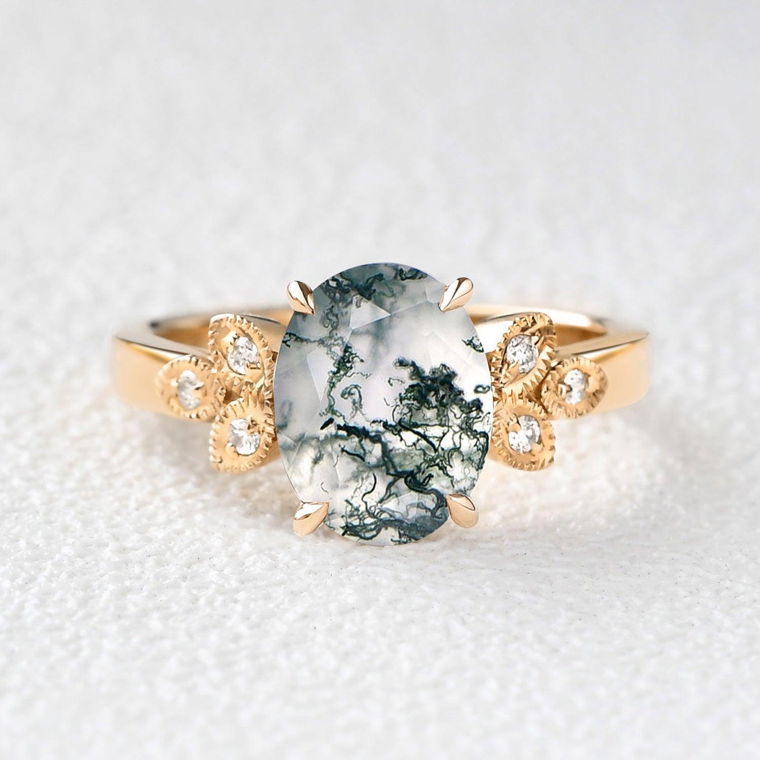 Moss Agate Oval Shaped Wedding Engagement Ring.