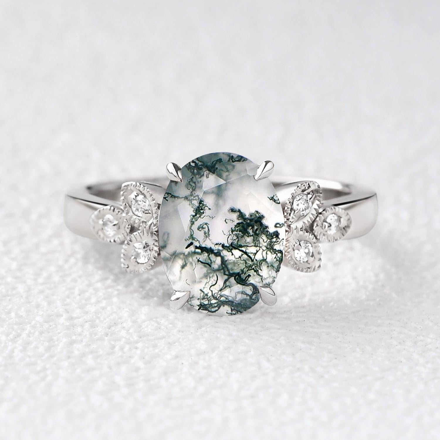 Moss Agate Oval Shaped Wedding Engagement Ring.