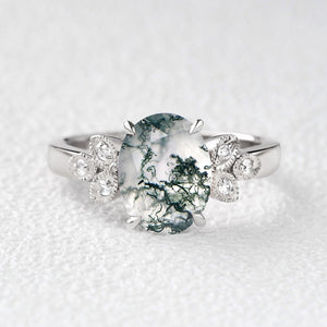 Moss Agate Oval Shaped Wedding Engagement Ring.