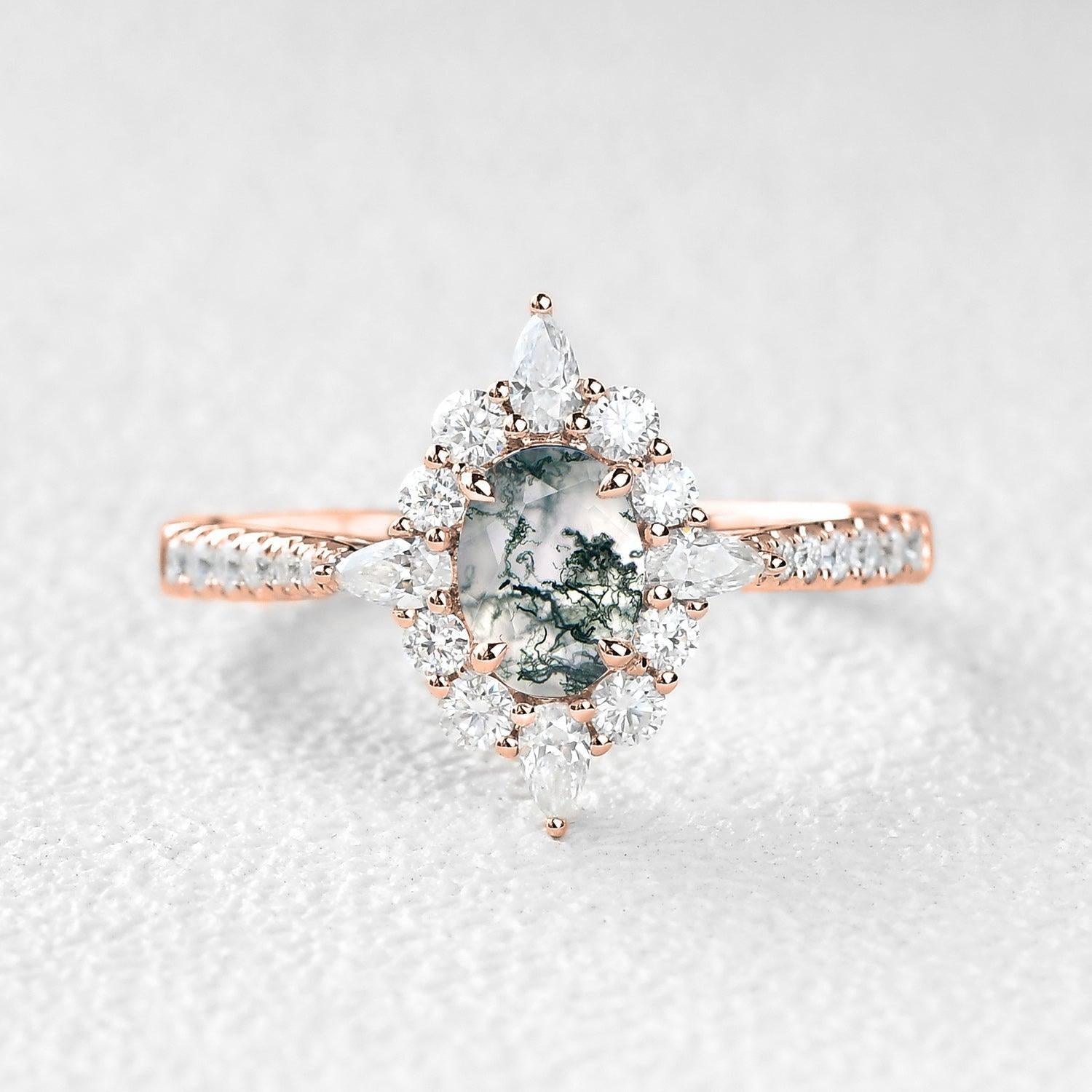 Vintage Oval Cut Moss Agate Halo Engagement Ring.