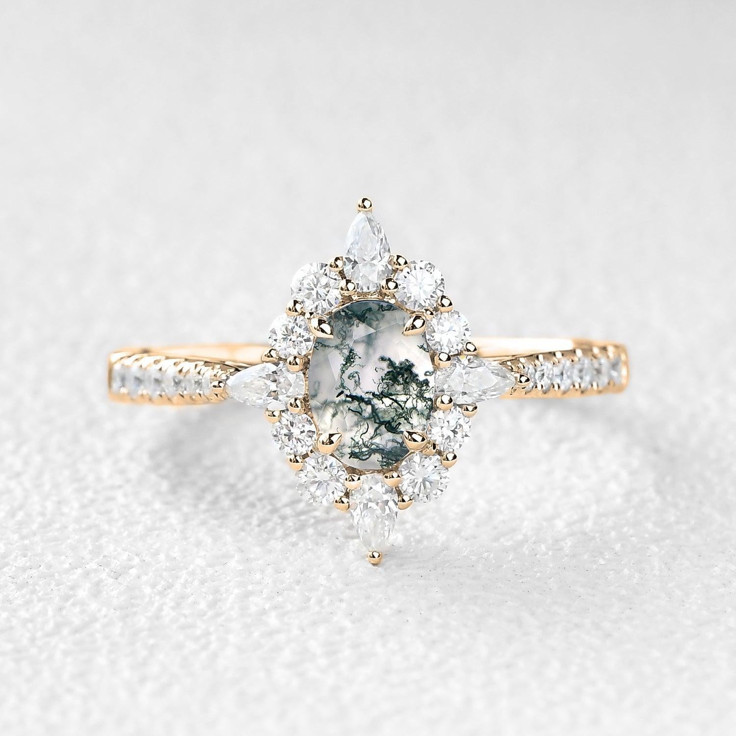 Vintage Oval Cut Moss Agate Halo Engagement Ring.