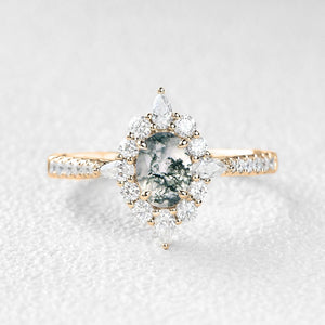 Vintage Oval Cut Moss Agate Halo Engagement Ring.