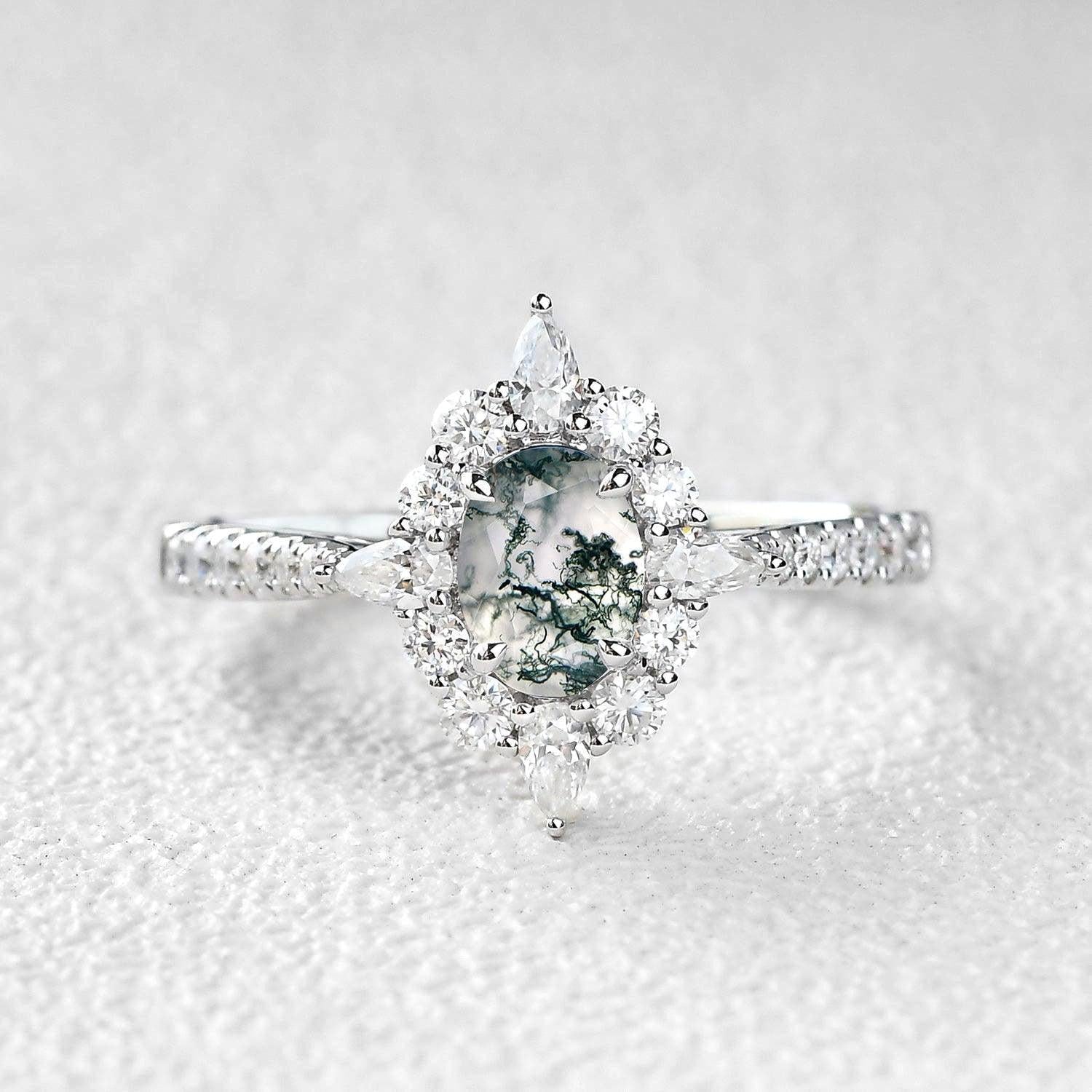 Vintage Oval Cut Moss Agate Halo Engagement Ring.