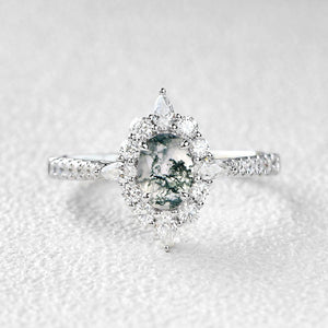 Vintage Oval Cut Moss Agate Halo Engagement Ring.