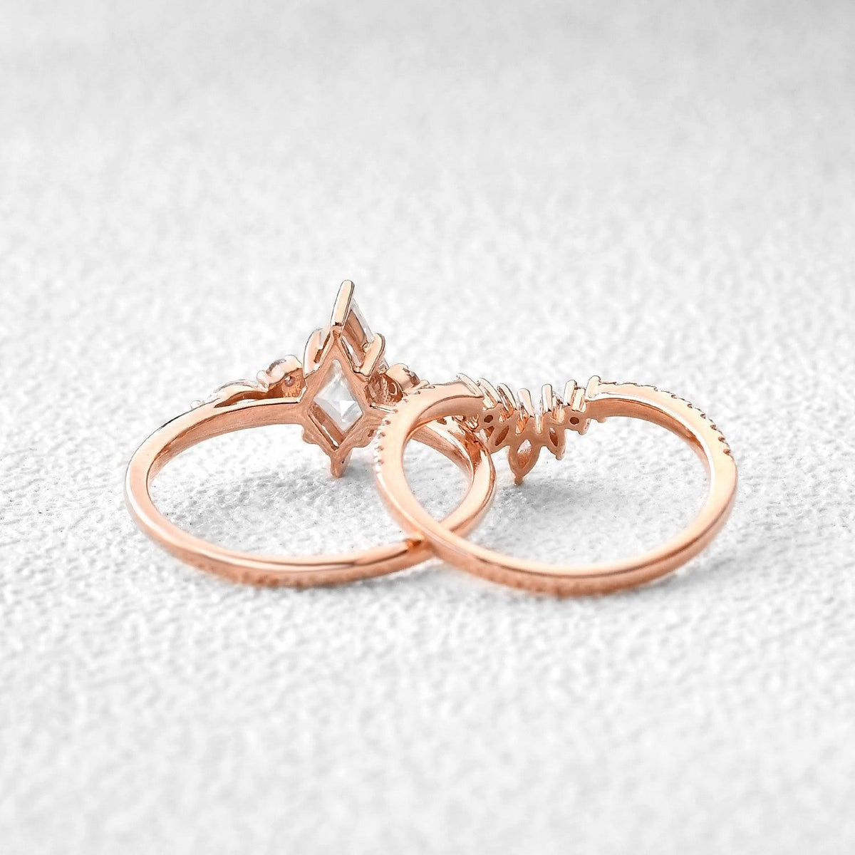 Adela’s Promise | Kite Cut Moss Agate Three Stone Engagement Ring Set 2pcs.
