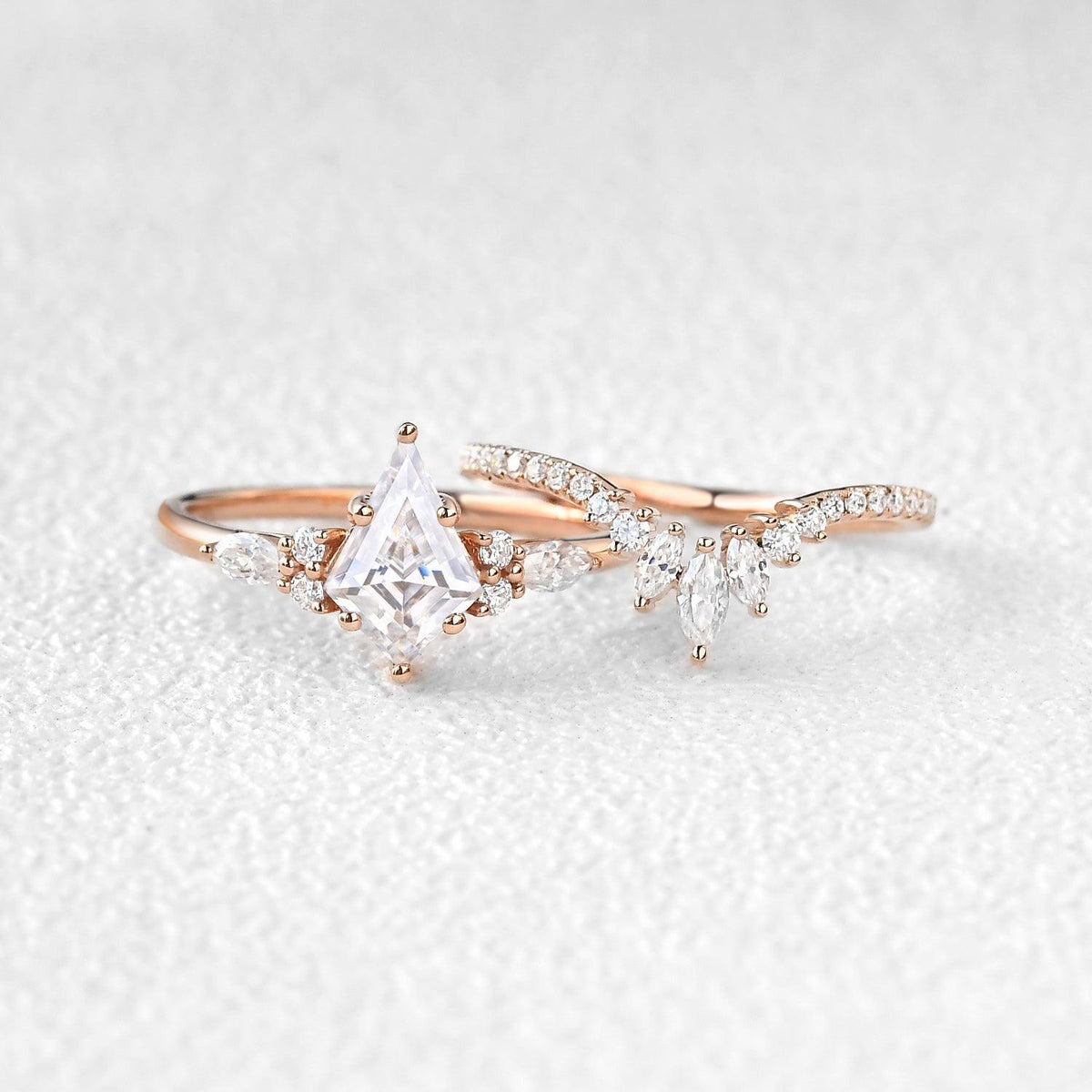 Adela’s Promise | Kite Cut Moss Agate Three Stone Engagement Ring Set 2pcs.