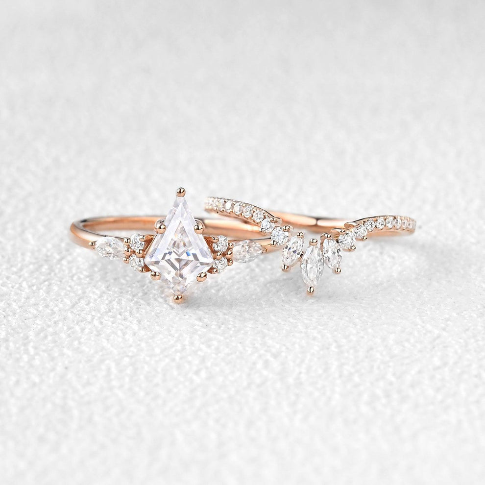 Adela’s Promise | Kite Cut Moss Agate Three Stone Engagement Ring Set 2pcs.