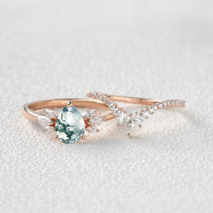 Fairy Ring - 1.5ct Pear Shaped Moss Agate Butterfly Cluster Ring Set 2pcs