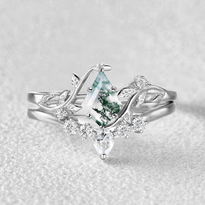 Pomona’s Bosk | Unique Kite Cut Moss Agate Leafy Couple Ring Set 3pcs.
