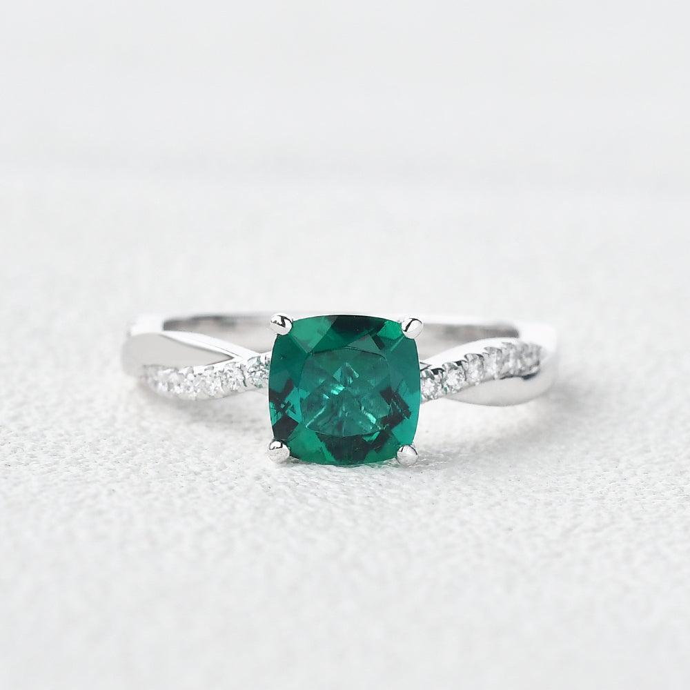 Ivy’s Twist | 2CT Cushion Cut Emerald Solitaire Engagement Ring.