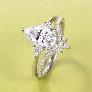 Lydia 1.5ct Signature Pear Vintage Moss Agate Engagement Ring Set 2pcs.