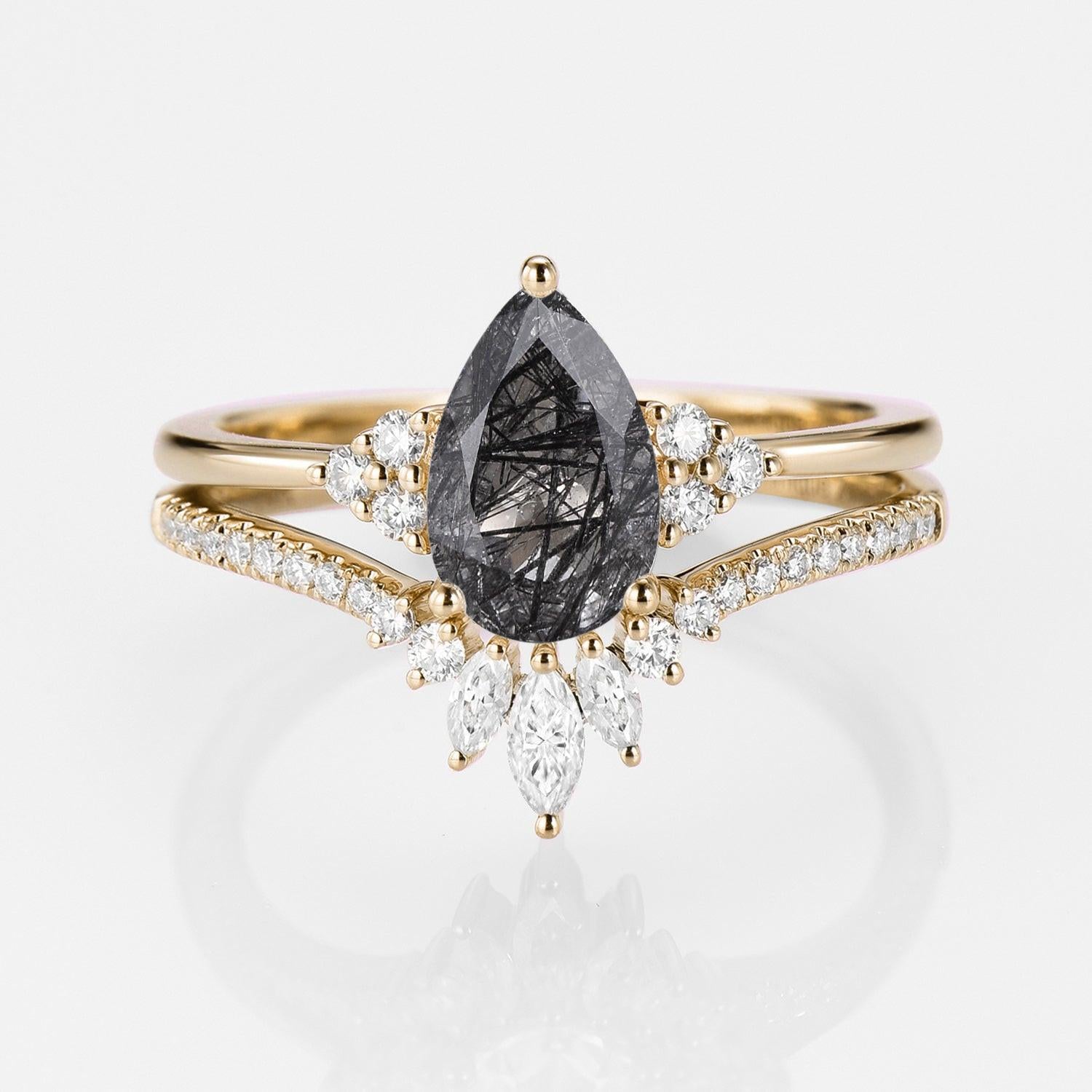 Lydia 1.5ct Signature Pear Vintage Moss Agate Engagement Ring Set 2pcs.