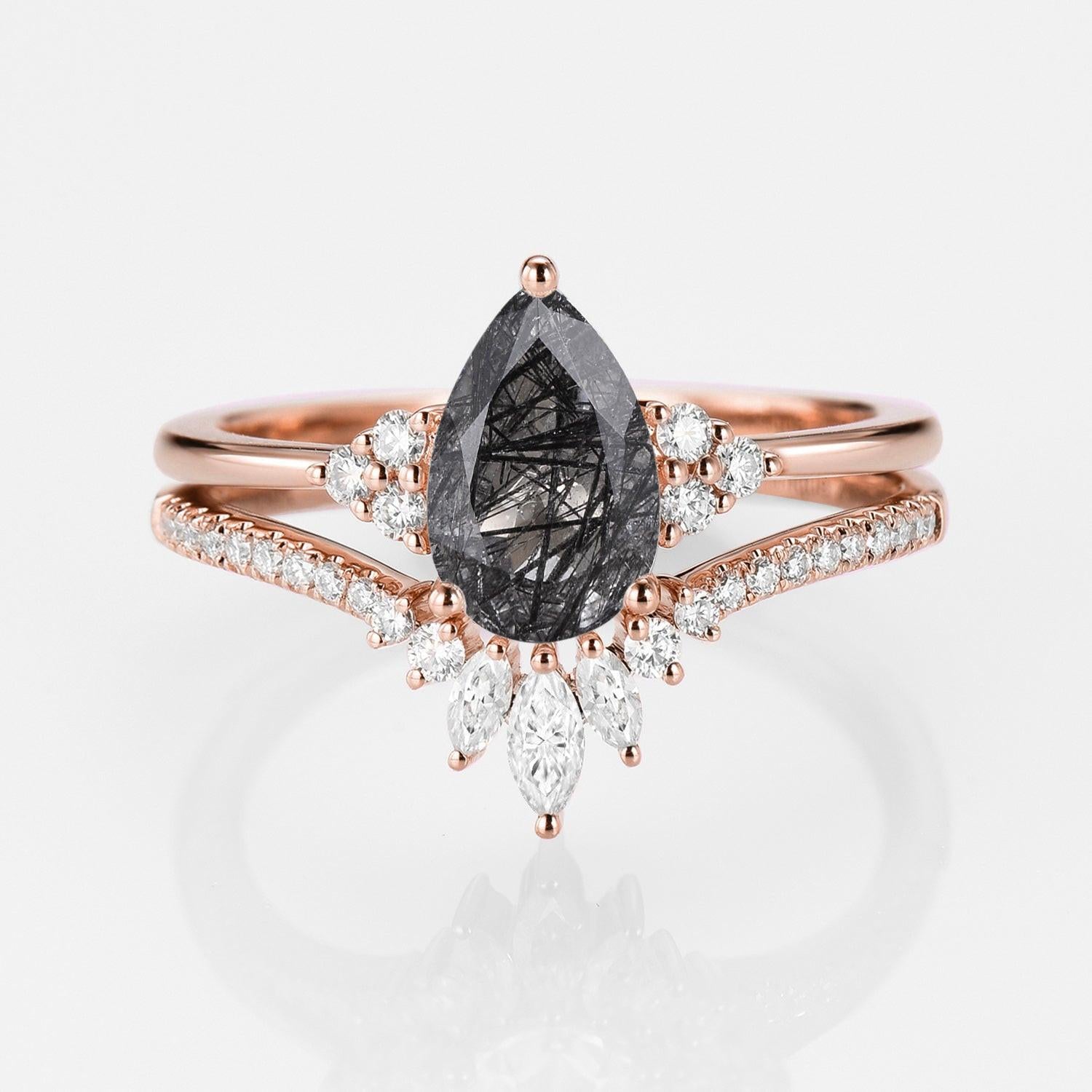 Lydia 1.5ct Signature Pear Vintage Moss Agate Engagement Ring Set 2pcs.