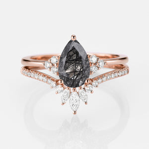 Lydia 1.5ct Signature Pear Vintage Moss Agate Engagement Ring Set 2pcs.