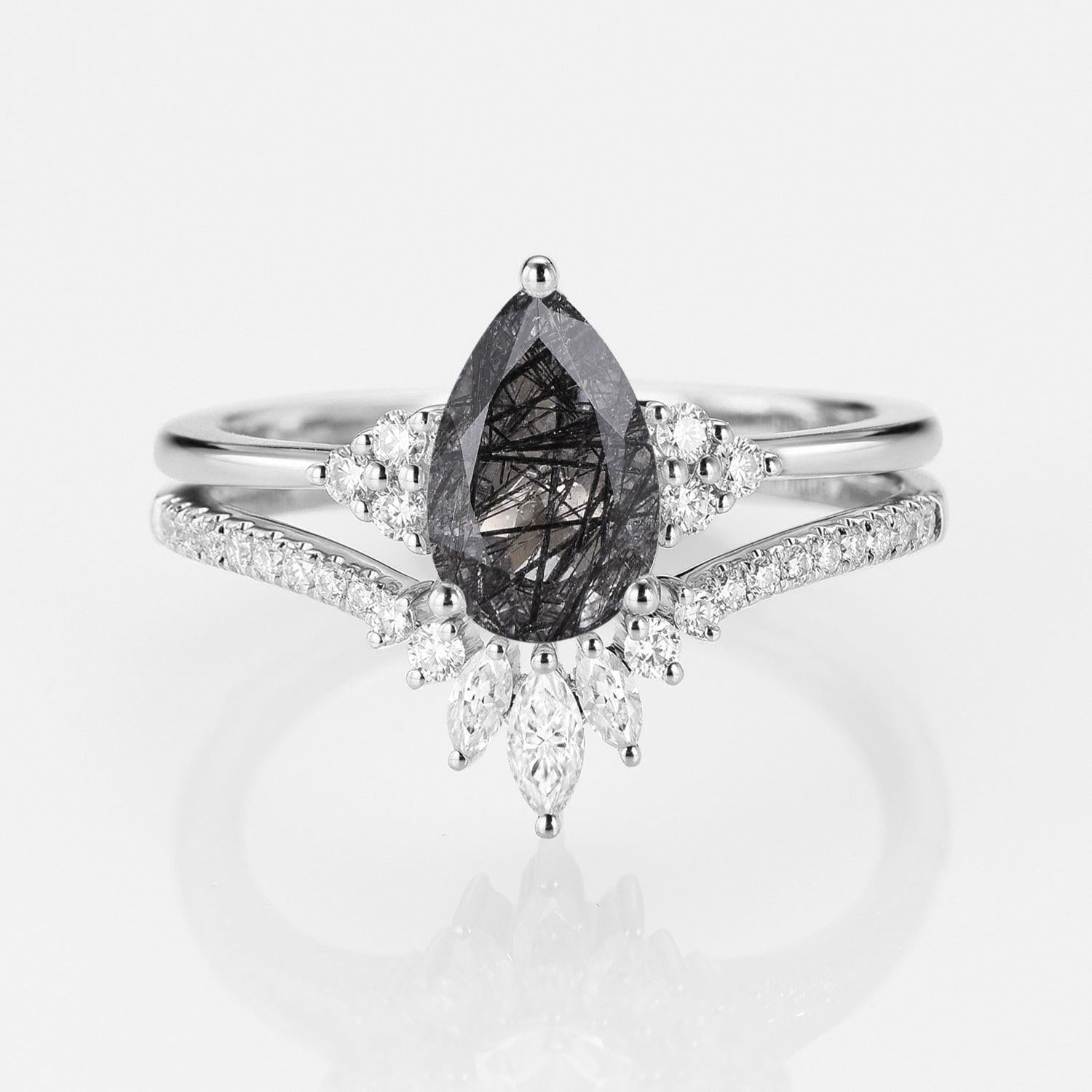Lydia 1.5ct Signature Pear Vintage Moss Agate Engagement Ring Set 2pcs.