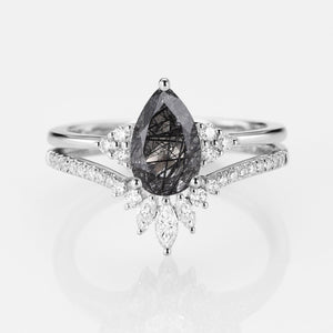 Lydia 1.5ct Signature Pear Vintage Moss Agate Engagement Ring Set 2pcs.