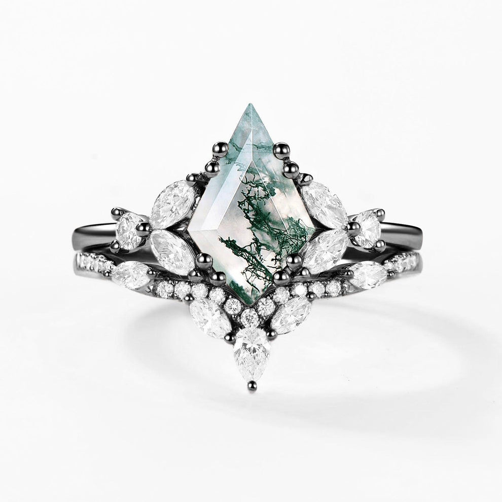 Nyx’s Cluster | Black Gold Moss Agate Cluster Engagement Ring Set 2pcs.