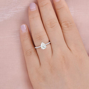 Classic 1.5ct Pear Shaped Moissanite Pave Solitaire Ring.
