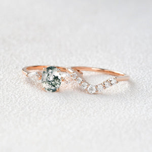 Delphine’s Wings | Oval Moss Agate Three Stone Bridal Set 2pcs.