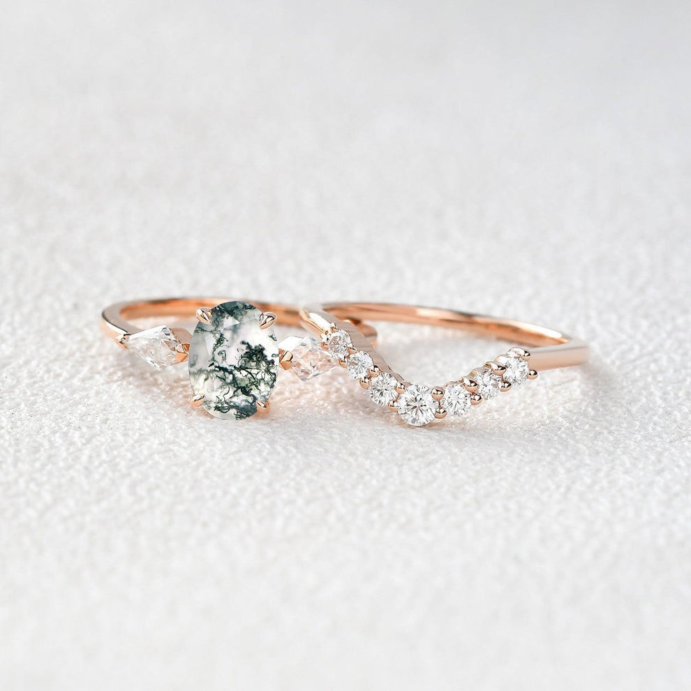 Delphine’s Wings | Oval Moss Agate Three Stone Bridal Set 2pcs.