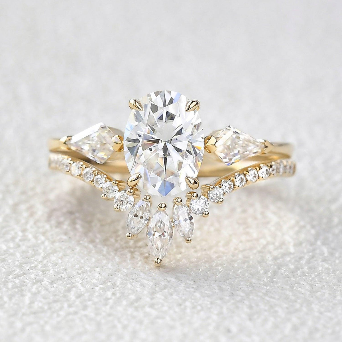 Calanthe’s Devotion | Oval Moss Agate Kite Three Stones Bridal Set 2pcs.
