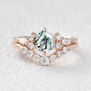 1.0ct Hexagon Moss Agate Cluster Engagement Ring Set 2pcs.