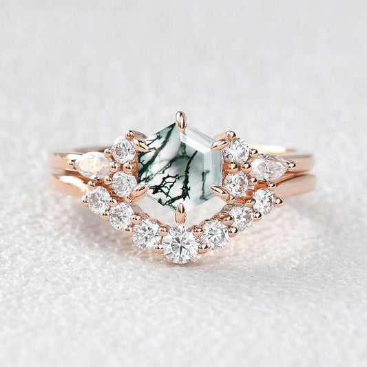 1.0ct Hexagon Moss Agate Cluster Engagement Ring Set 2pcs.