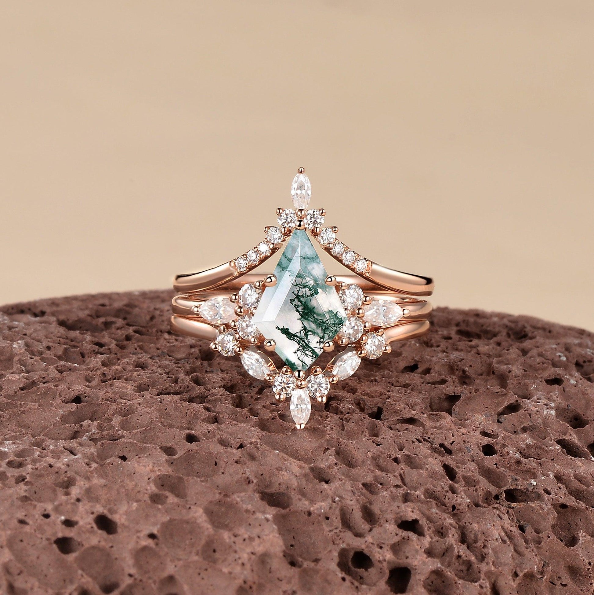 Kinsley Unique Kite Cut Moss Agate Chevron Engagement Ring Set 3pcs.